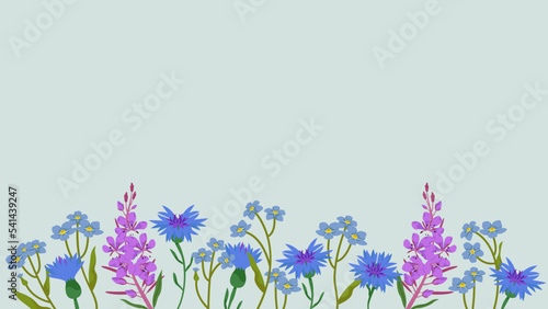 Banner with wildflowers in cartoon style. Beautiful design template.