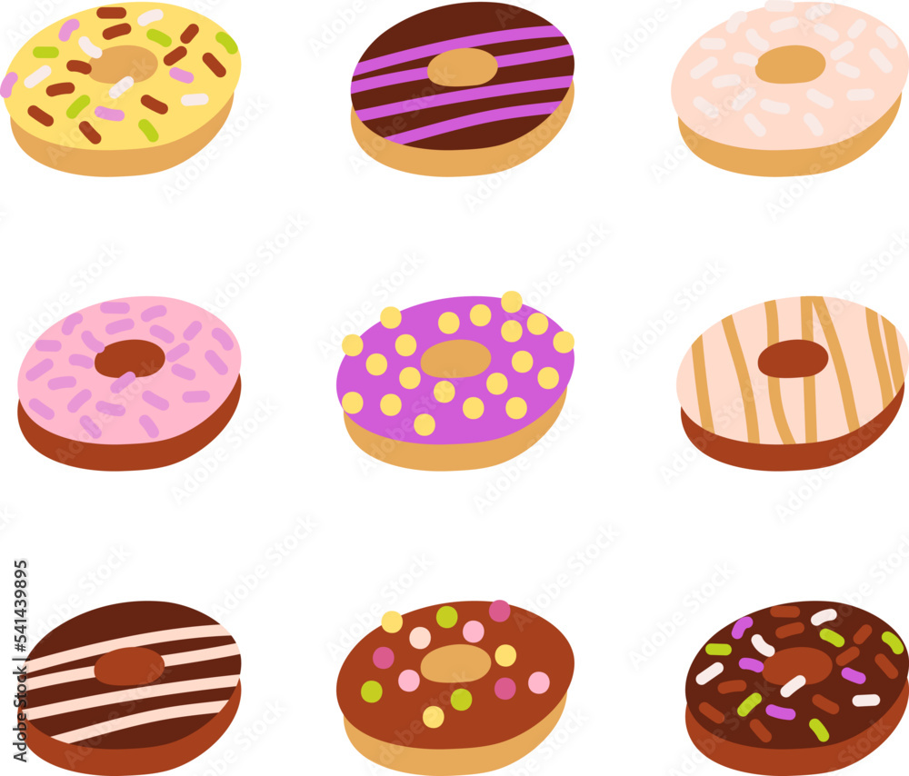 Cartoon donut set. Isolated donuts decorated with sprinkles. Vector illustration of delicious chocolate, vanilla, banana and other sweet doughnuts. Isolated pastries on a white background. Cartoon donut set. Isolated donuts decorated with sprinkles. Vector illustration of delicious chocolate, vanilla, banana and other sweet doughnuts. Isolated pastries on a white background.