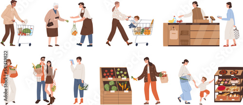 People shopping for healthy food. The family is shopping at the grocery store. Vector illustration of different people together or alone pay sellers for products.