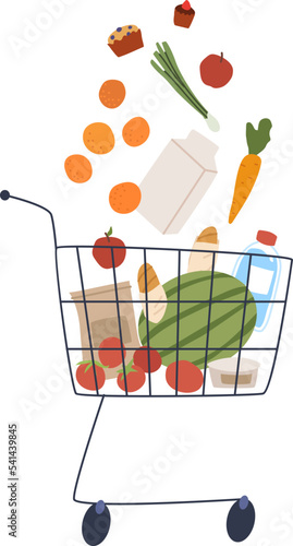 Full grocery basket. Shopping in a supermarket. Organic fresh food. Vector illustration of different products for a healthy diet. Isolated cart with falling food on a white background.