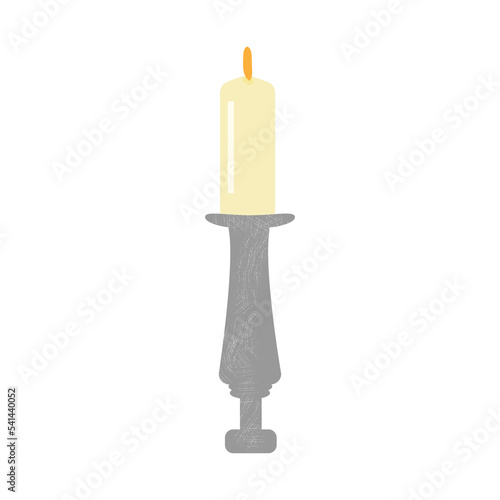 Candle in a vintage candle holder. Burning paraffin candle. Home decor to create coziness. An element for design. Vector illustration. White isolated background. 