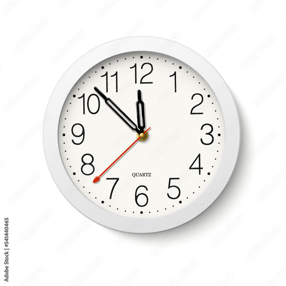 Round wall clock with white body isolated on white background Round wall clock with white body isolated on white background