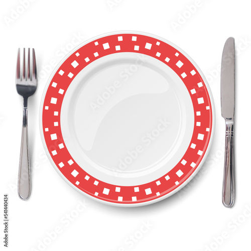 Empty vector red dish with white chaotic pattern on white background and knife and fork isolated. Close up view from above.