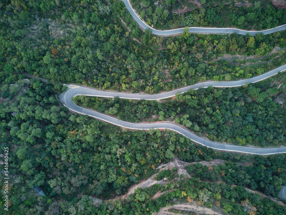 Aerial view of the winding road in the middle of the trees, Siurana Tarragona Spain.