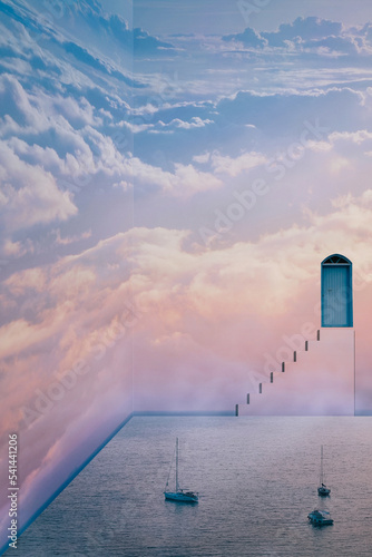 Surrealist composite inspired by the film, The Truman Show. Three boats reach the end of the horizon, the sky is just a background. Stairs lead to a door to the real world. Simulated reality concept. 