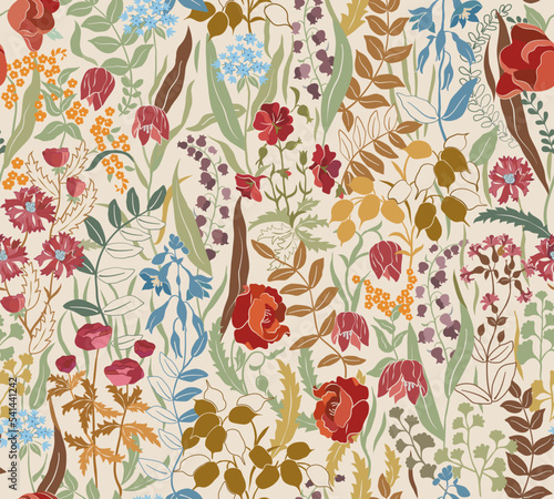 Wildflowers on light background seamless pattern. Vector illustration.