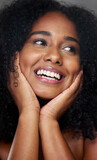 Black woman, makeup and beauty in closeup, face and smile with hands, cosmetic and happiness. Model, happy and skincare with cosmetics, shine or glow on skin for dermatology, wellness or health