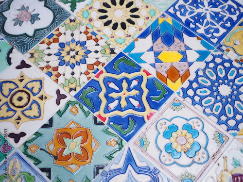 Collection of colorful tiles. tile with Islam, Arabic, Indian, Ottoman motives. Majolica pottery tile, blue, yellow azulejo, original traditional Portuguese Spain decor. 
