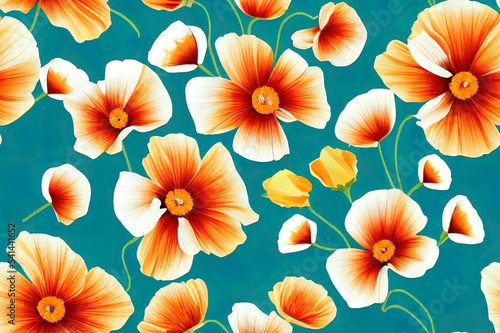 2d illustrated floral seamless border. California poppy flowers, Eschscholtzia. Seamless pattern with coral color flowers, blue leaves and stems. Floral elements isolated on white background. © AkuAku