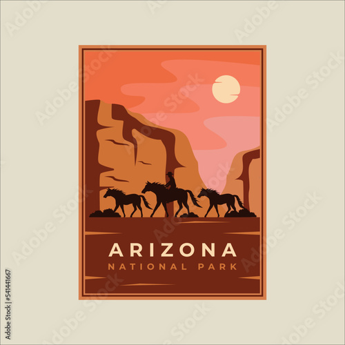 cowboy on horse minimalist vintage poster illustration template graphic design. arizona national park with mountains and desert concept for travel or tourism business