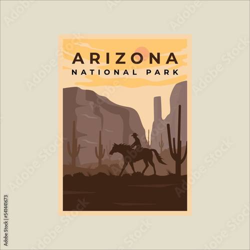 cowboy on horse minimalist vintage poster illustration template graphic design. arizona national park with cactus mountains and desert concept for travel or tourism business