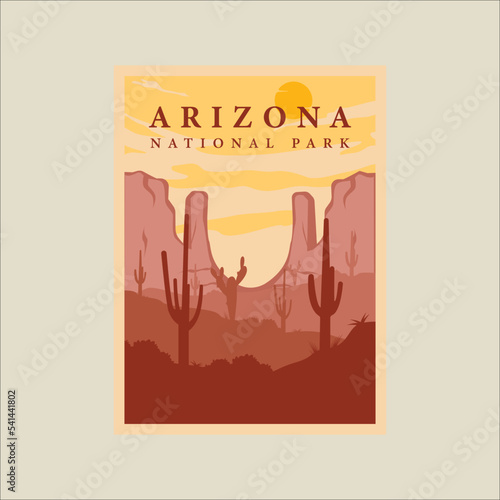 arizona national park minimalist vintage poster illustration template graphic design. mountains cactus desert at landscape view for business travel
