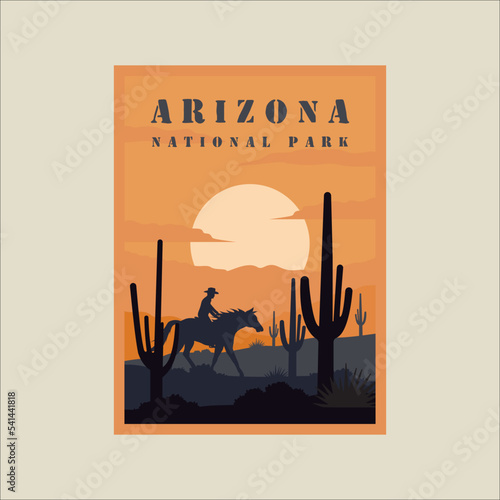 arizona national park minimalist vintage poster illustration template graphic design.cowboy and horse at desert cactus at landscape sunset view for business travel