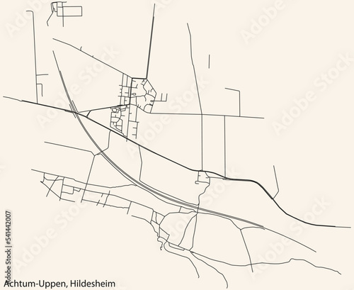 Detailed navigation black lines urban street roads map of the ACHTUM-UPPEN MUNICIPALITY of the German regional capital city of Hildesheim, Germany on vintage beige background