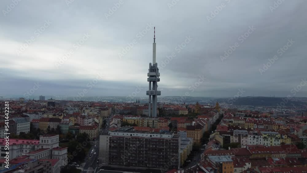 Aerial drone flight out view of Zizkov Tower in Prague, gloomy bad weather in capital of Czech Republic Aerial drone flight out view of Zizkov Tower in Prague, gloomy bad weather in capital of Czech Republic