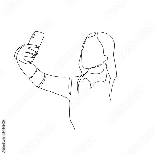 vector illustration of a girl taking a selfie drawn in line-art style