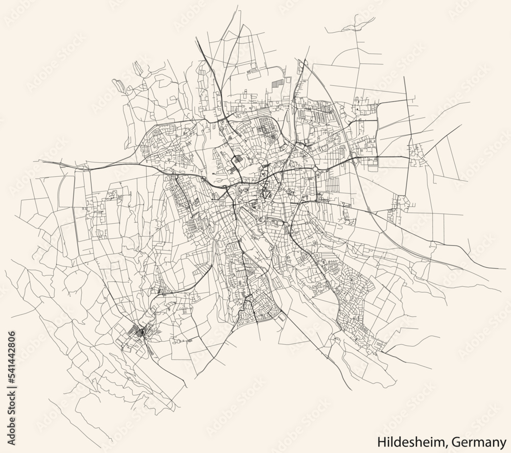 Detailed navigation black lines urban street roads map of the German regional capital city of HILDESHEIM, GERMANY on vintage beige background