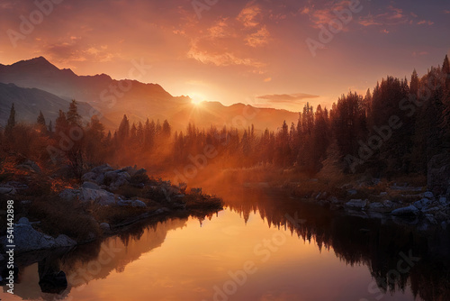 beautiful sunset river, mountains and forest landscape
