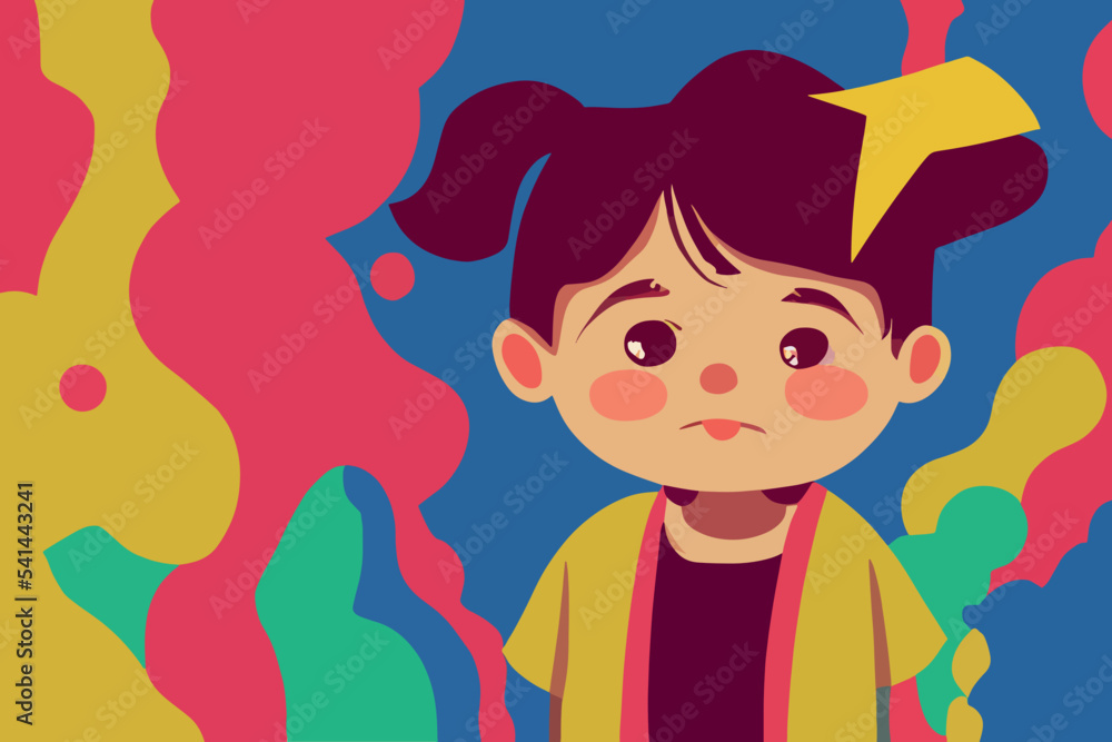 Child illustration, girl standing and crying, girl Child illustration, girl standing and crying, girl