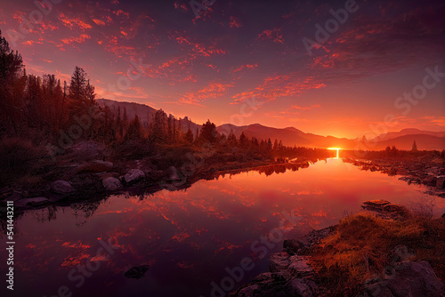 beautiful sunset river  mountains and forest landscape