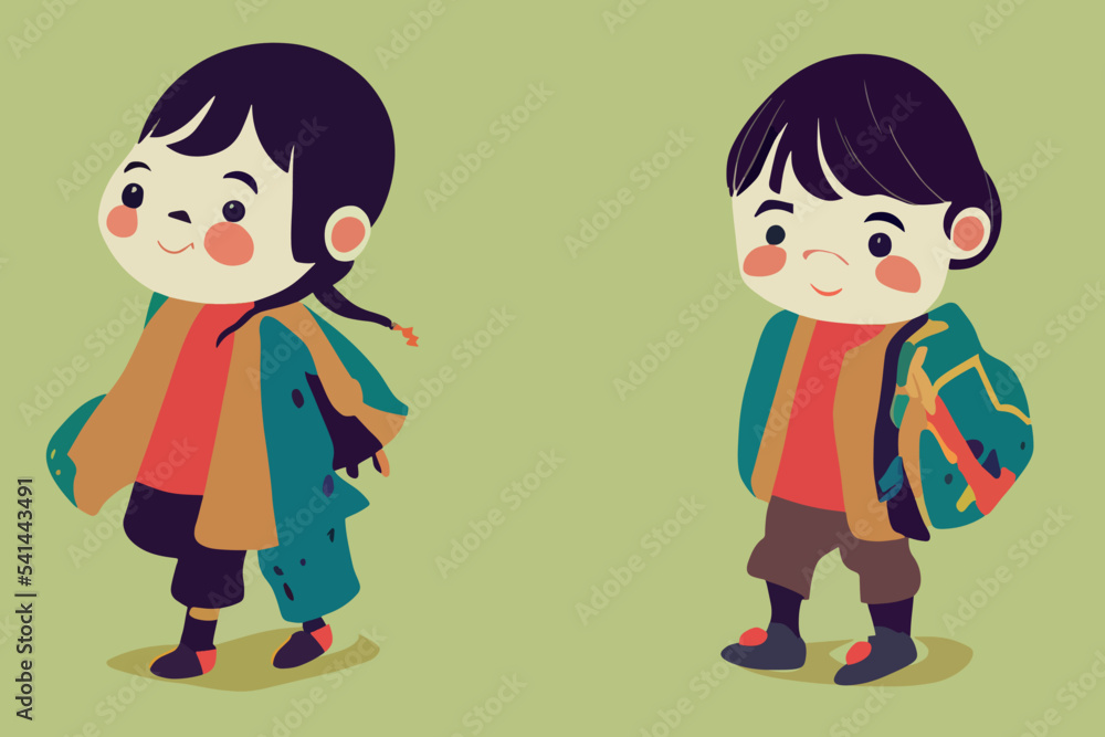 Child illustration, girls walking and smiling, girls Child illustration, girls walking and smiling, girls