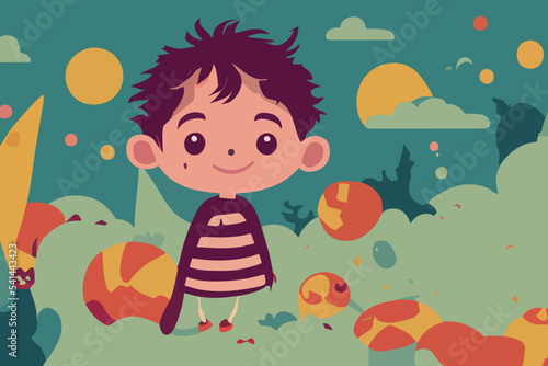 Child illustration, boy standing and smiling, boy clouds