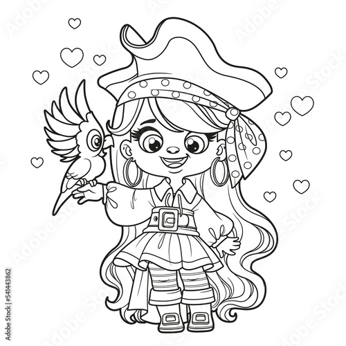 Cute cartoon long haired pirate girl with  parrot on hand outlined for coloring page on white background