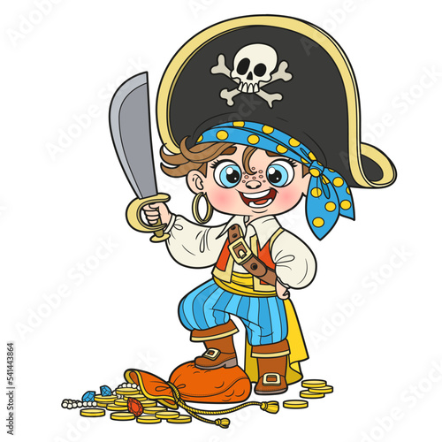 Cute cartoon pirate boy with saber and treasure trophies color variation for coloring page on white background