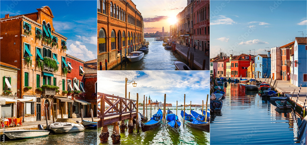 Collage mix set of Murano island, Venice, Veneto, Italy. View at bell tower brick building from the channel street with motorboats. Wooden dock with boats on the water and scenic sky with summer.