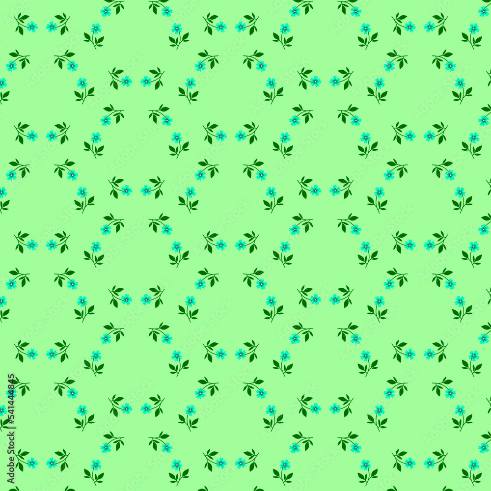 Cute Ditsy floral seamless pattern Abstract blue flowers and green leaves on a light green background