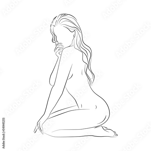 Silhouette of a beautiful naked woman vector illustration. Fashion girl with long hair isolated. Beauty logo.
