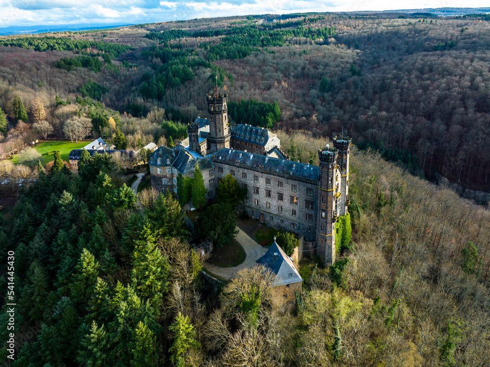 Aerial view, Germany, Rhineland-Palatinate, Westerwald, Limburg an der Lahn region, Balduinstein, Schaumburg Castle