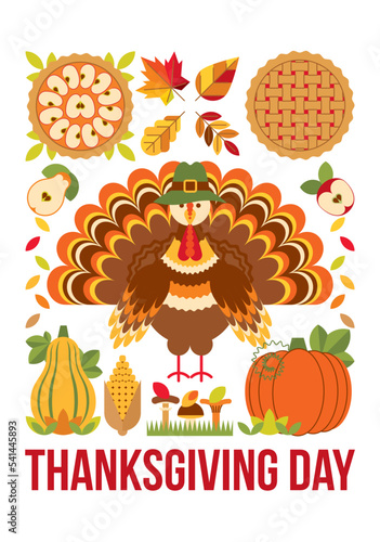 Thanksgiving day geometric poster with turkey  pumpkin in hat  corn  mushrooms  apple pie and leaves. Background  banner  flyer  invitation for promotions  advertising.
