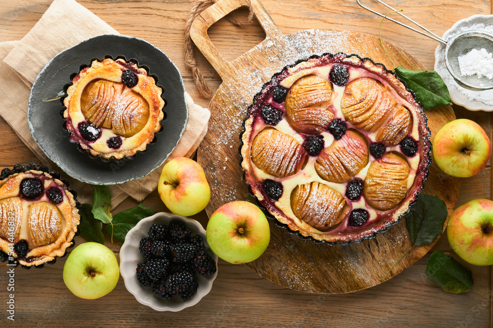 Apple pie. Apple and blackberries cake or pie decorated sugar powder on old wooden table. Delicious dessert for autumn or winter dinner. Autumn pastry dessert. Top view. Apple pie. Apple and blackberries cake or pie decorated sugar powder on old wooden table. Delicious dessert for autumn or winter dinner. Autumn pastry dessert. Top view.