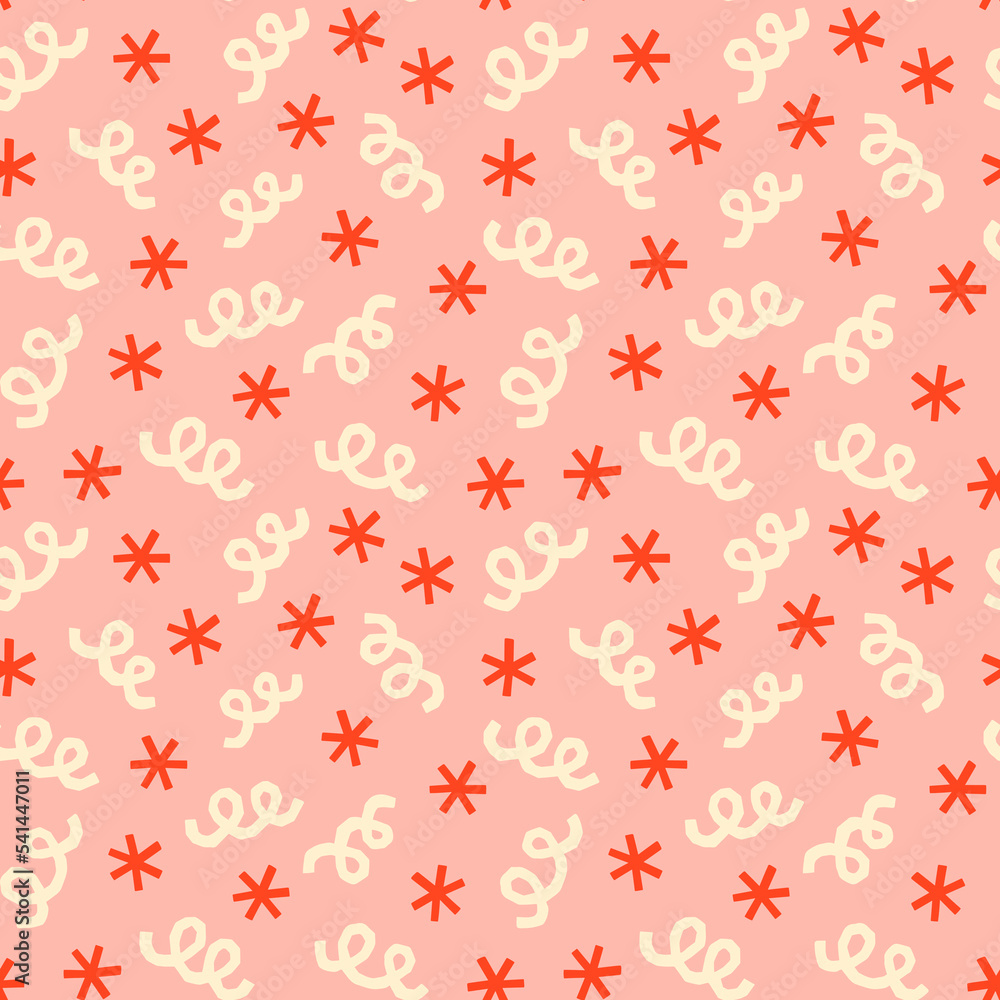 Retro stars and streamers on pastel pink background. Pastel party seamless pattern. Christmas holiday gift wrap design.