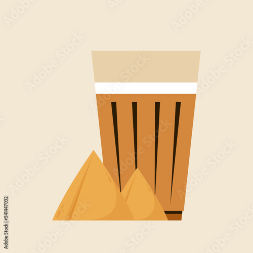 Chai logo design. Karak Milk Chai Illustration On Organic Background. Spicy Hot Tea Design Element Vector Design. Samosa vector illustration. Samosa is indian food.