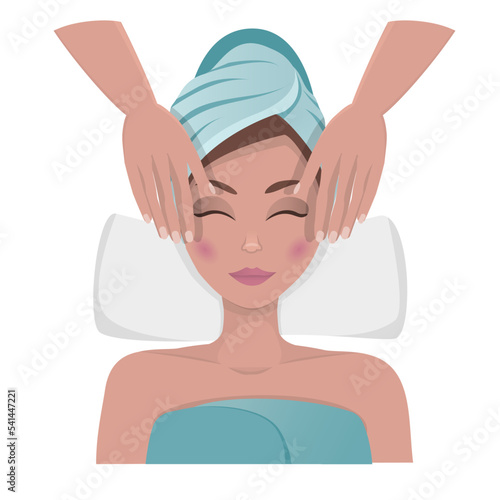 Woman spa relaxing and enjoying massage.
massaging face. 
Colorful cartoon character.
Beautiful young woman relaxing in spa salon. 
Facial and body massage concept. Vector illustration EPS