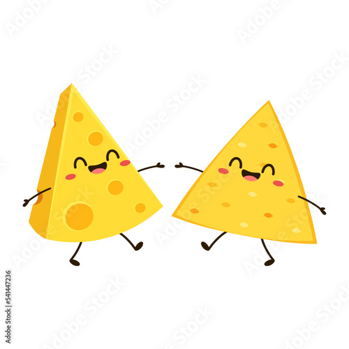 Nacho character design. Nacho and cheese vector. white background. cheese stretch. Cute Nacho and Cheese cartoon