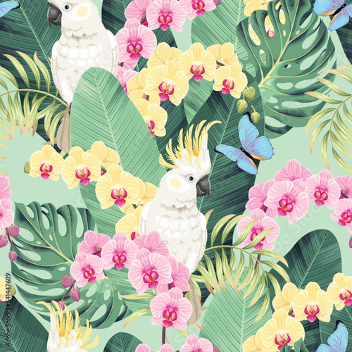 Seamless pattern with pink and yellow orchids