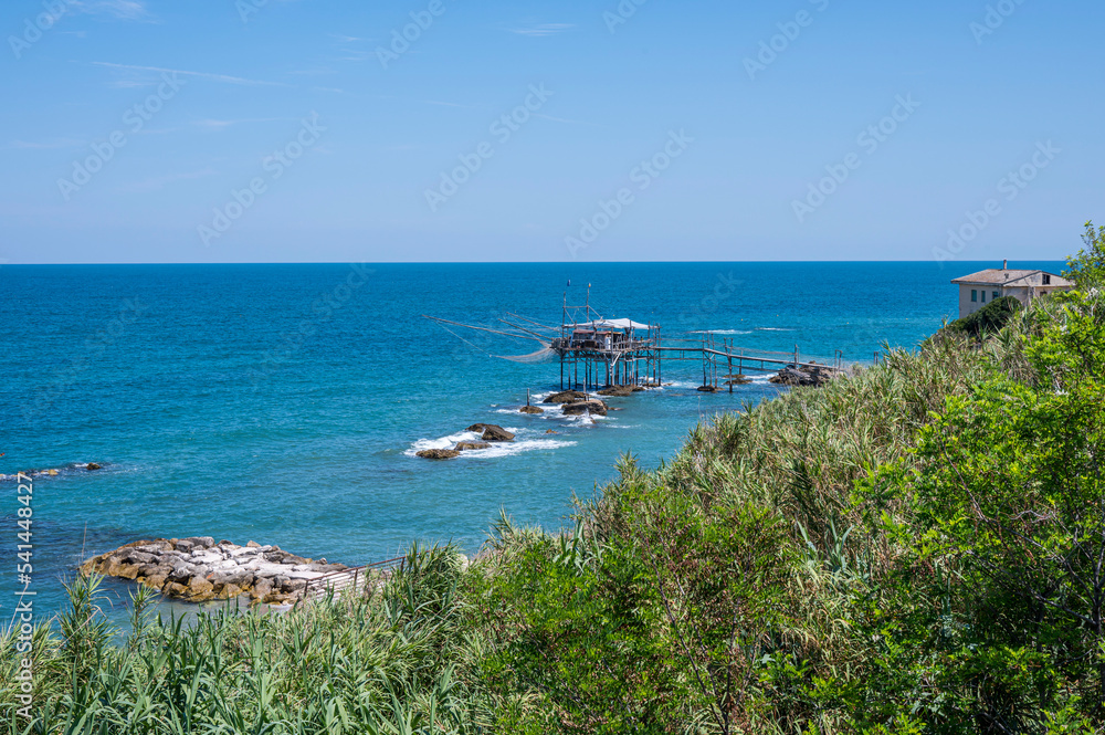 High angle view of a beautiful trabocco on the Abruzzo coast