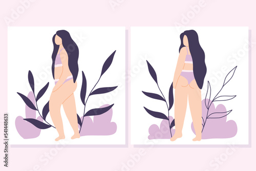 Set of bodypositive posters with a girl. Collection of postcards with a girl in lingerie. Flat style. Vector illustration.