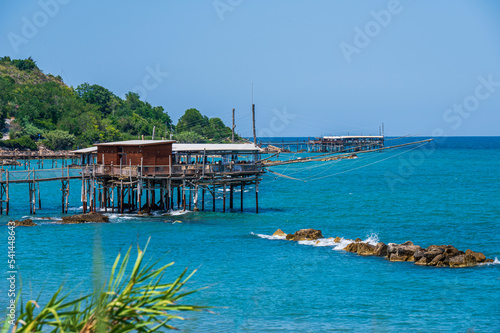 High angle view of beautiful Trabocchi in the beaco of the Abruzzo coast