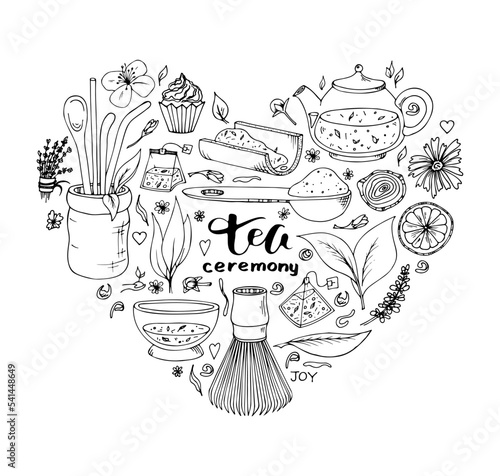 Matcha tea. Vector set of organic tea matcha powder, tea leaves, teapot, macarons, spoon, traditional cup, whisk, tools for Japanese ceremony. Doodle style illustration.