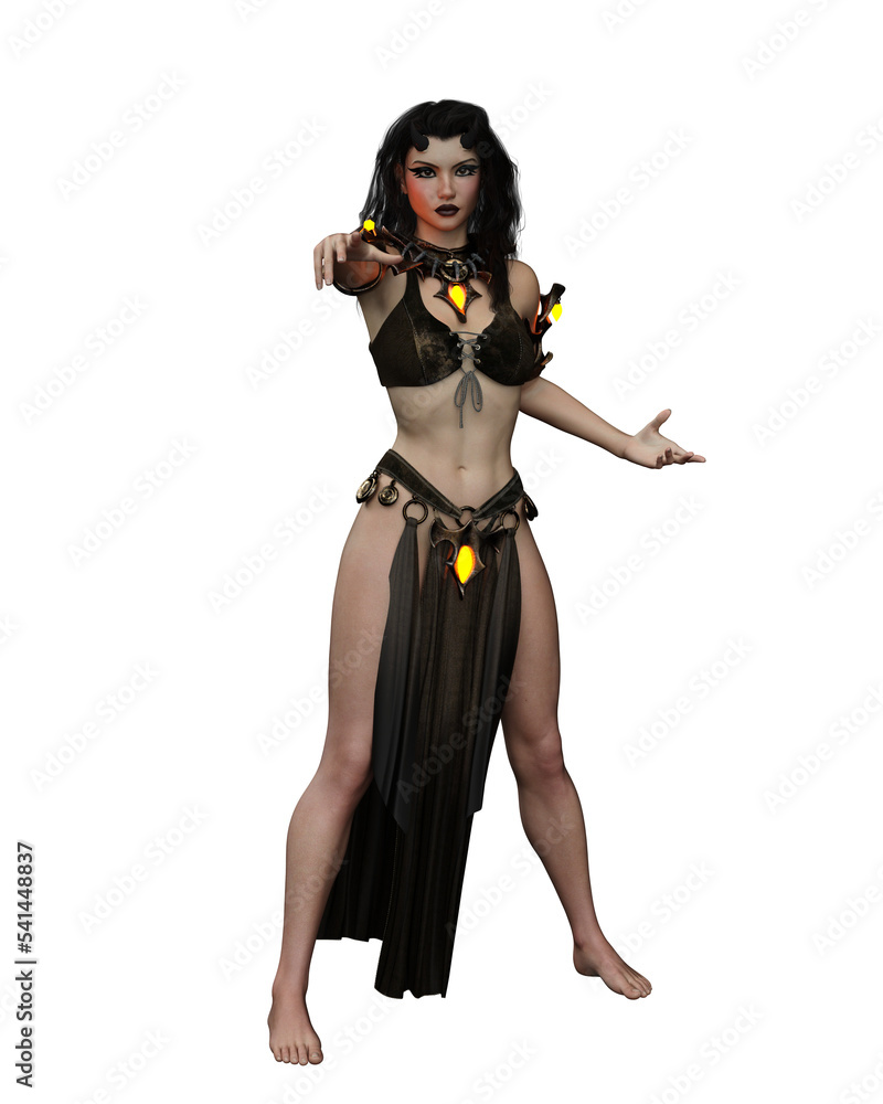 Beautiful demon woman pointing. 3D illustration isolated on transparent background.