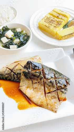 Saba shioyaki(Grilled mackerel with soy sauce.) in Japanese meal.