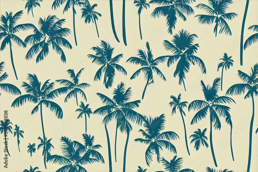 Retro seamless tropical island pattern on light beige ocean background. Landscape with palm trees,beach and ocean 2d illustrated hand drawn style.Design for fashion,fabric,web,wallaper,wrapping and
