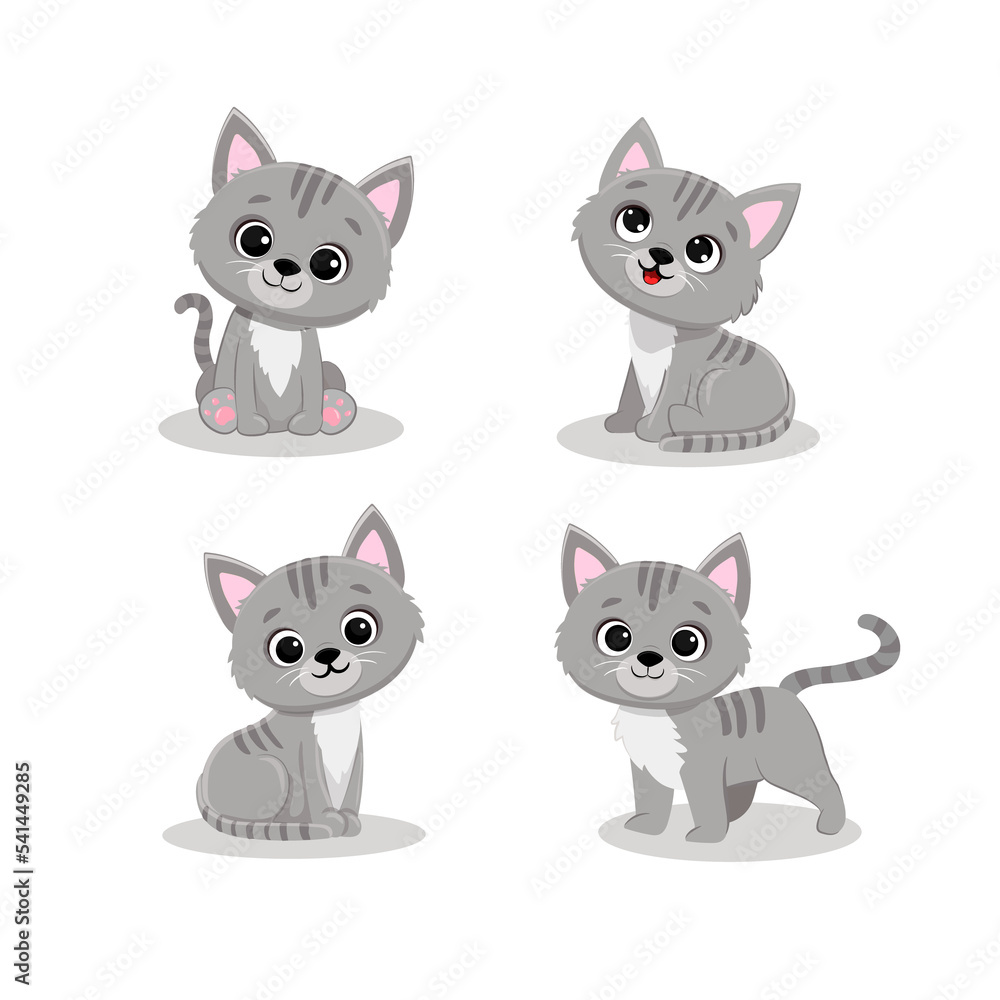 Set of funny cartoon cats.Cute gray kitten in different poses. Set of funny cartoon cats.Cute gray kitten in different poses.