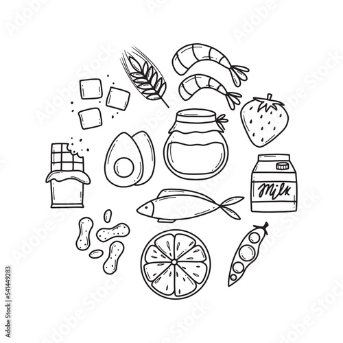 Food Allergens. Allergen Products Collection. Vector illustration. Allergy. Doodle style. Allergen fish, egg, honey, gluten, milk.