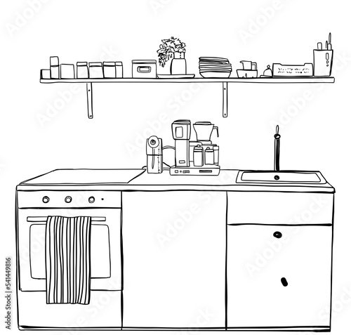 Kitchen interior drawing, vector illustration