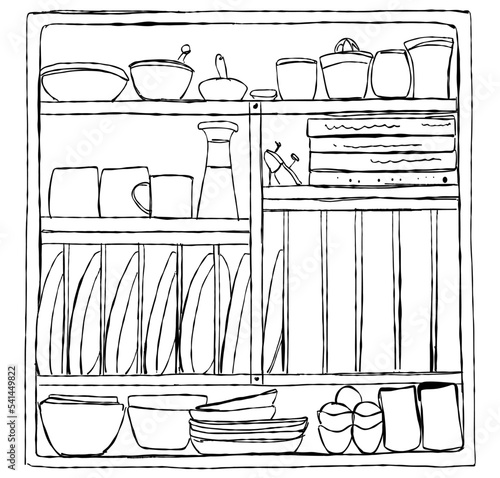 Kitchen utensils in the cupboard, a jar of honey, a jug for milk, a plates, cups.